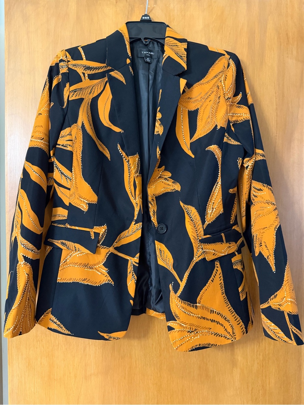 Tahari ASL Black Blazer with Bold Mustard-Orange Leaf Print